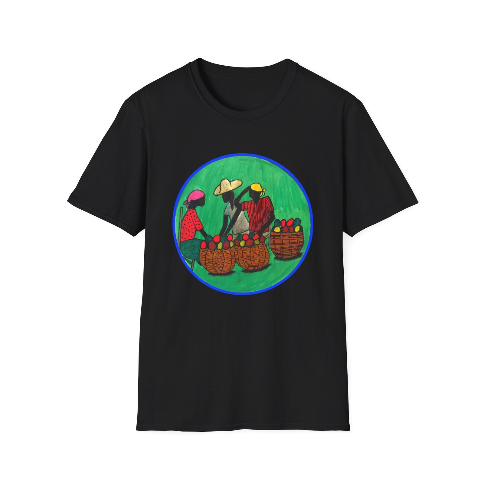 Colorful Caribbean Folk Art Market Scene T-Shirt- The Fruit Baskets - Image 6