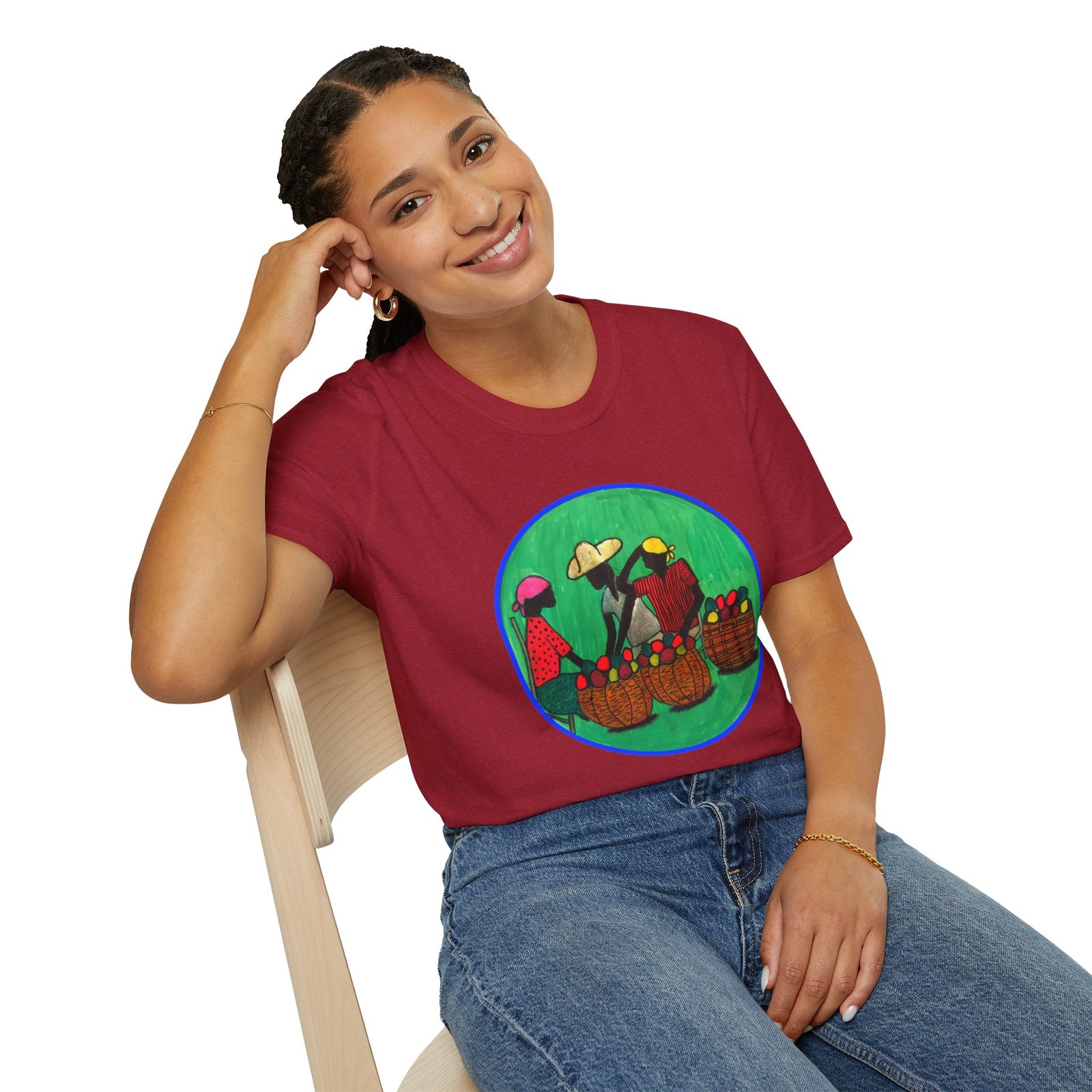 Colorful Caribbean Folk Art Market Scene T-Shirt- The Fruit Baskets - Image 11