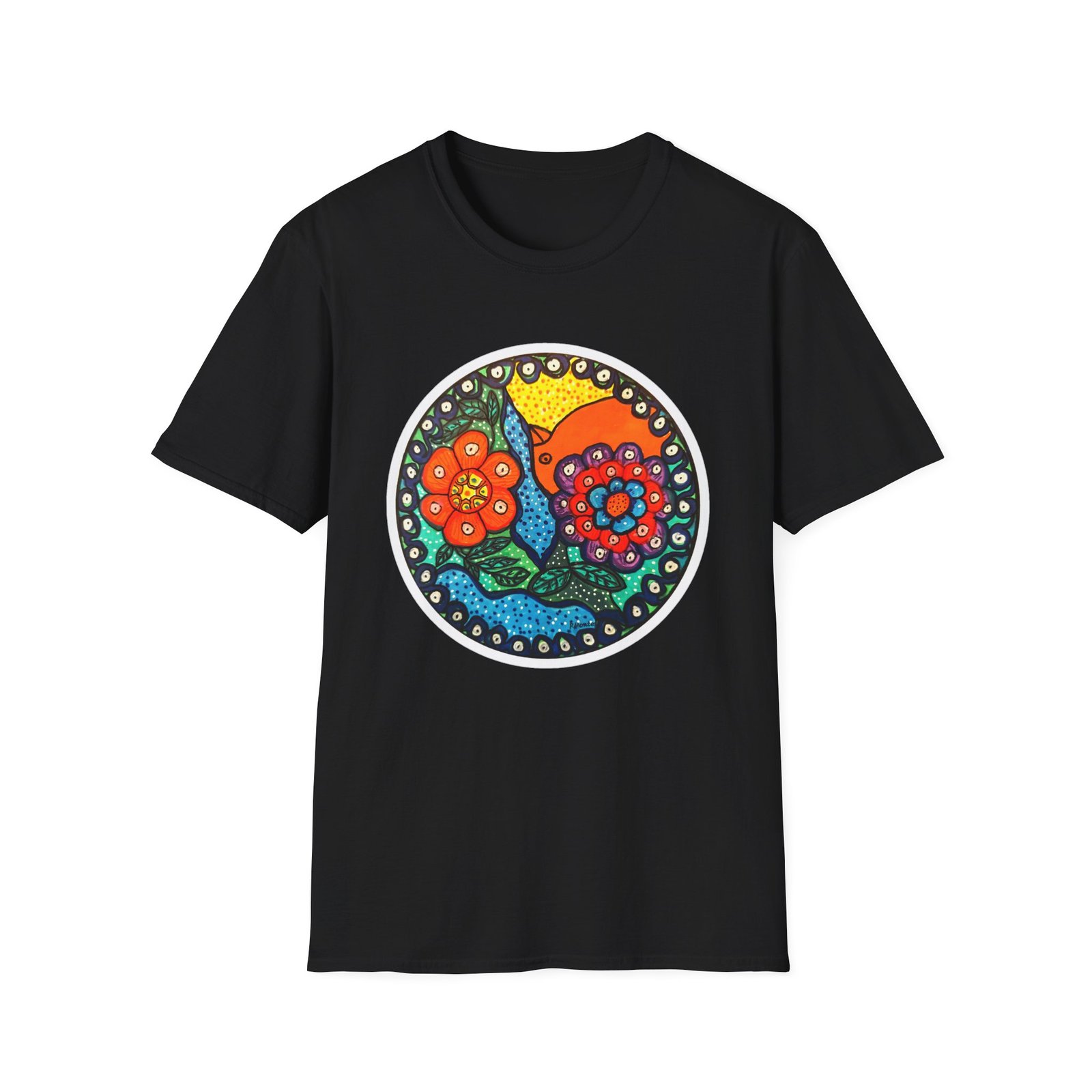 Colorful Floral Graphic T-Shirt, Caribbean Folk Art Style Tee - Image 2