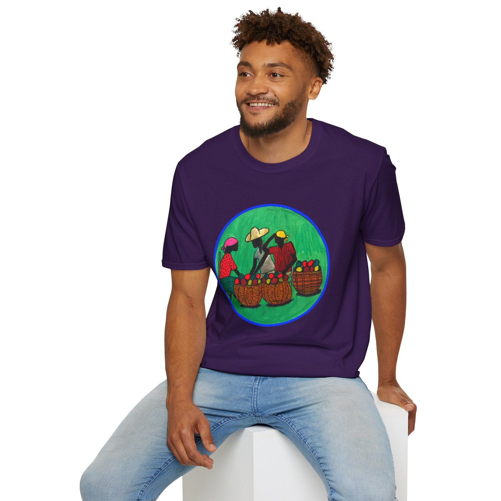 Colorful Caribbean Folk Art Market Scene T-Shirt- The Fruit Baskets