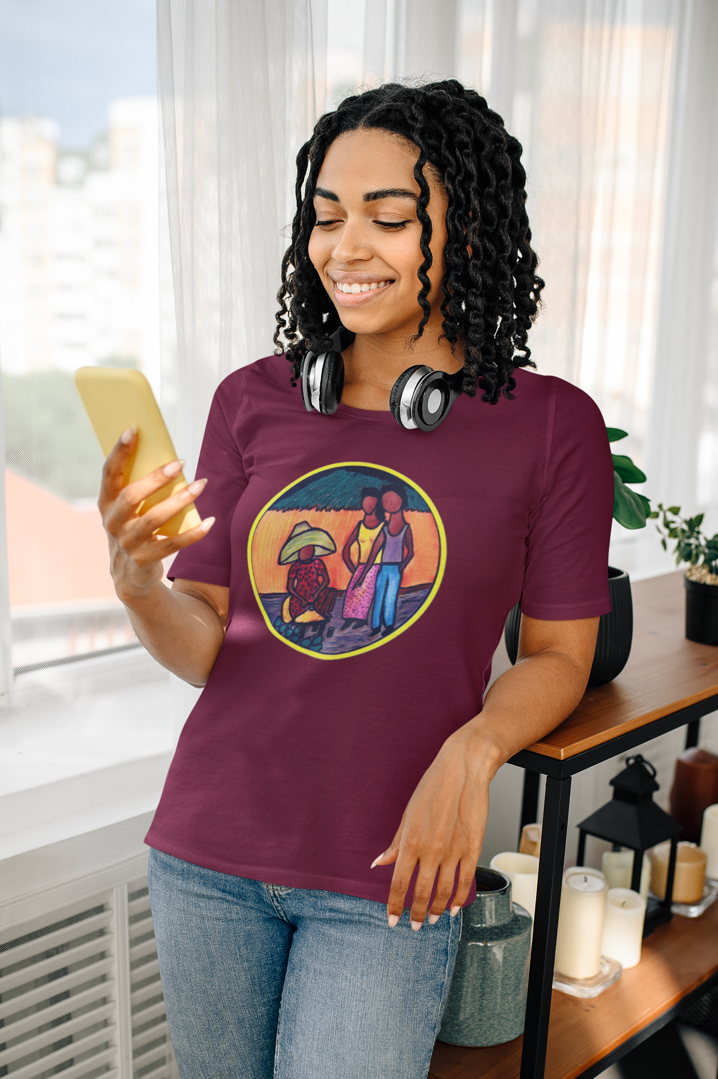 Caribbean Folk Art Unisex T-Shirt, Caribbean Woman Selling Goods - Image 6