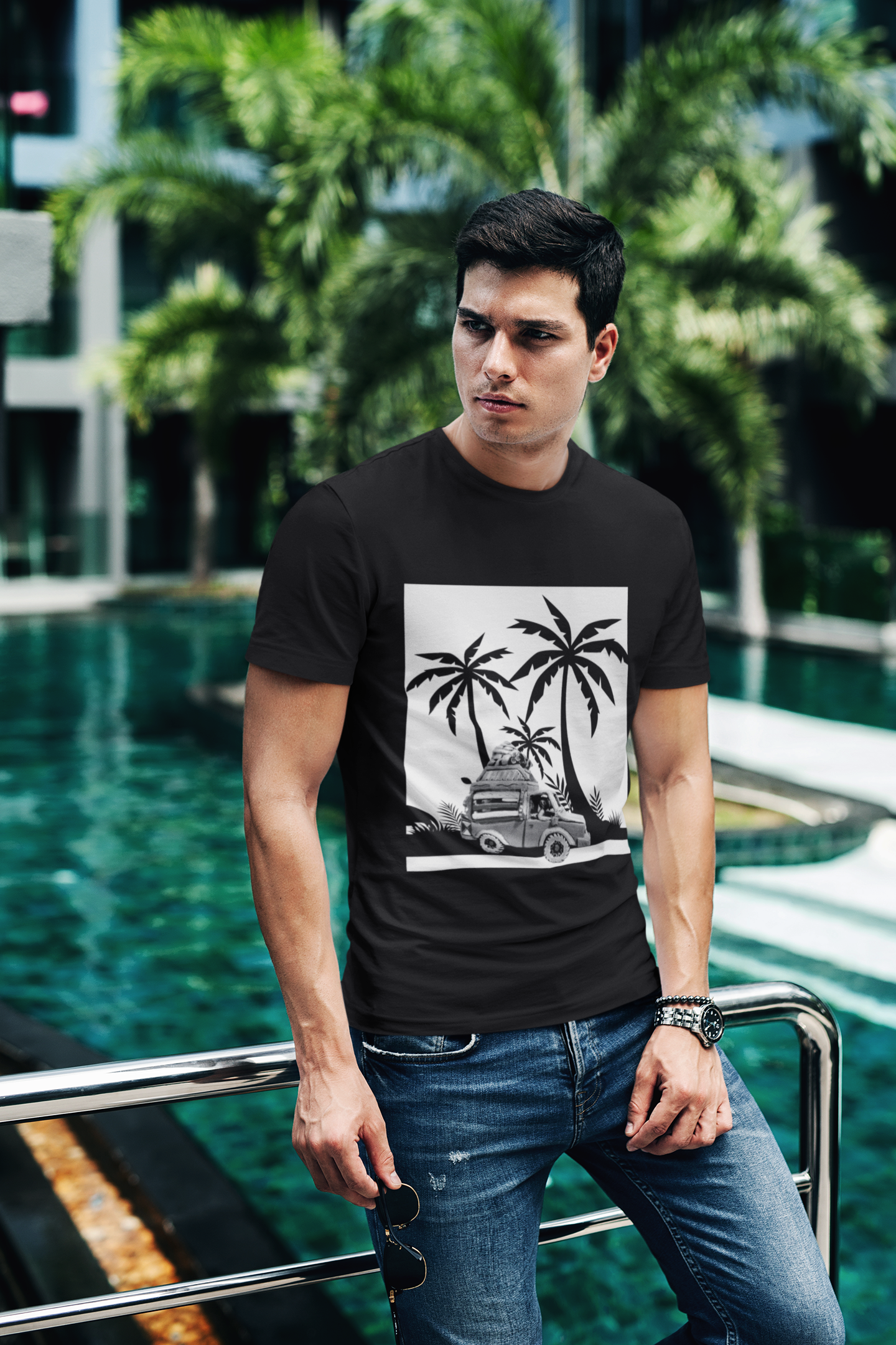 Caribbean Bus Island Palm Trees Unisex T-Shirt, Caribbean Art Tee - Image 6