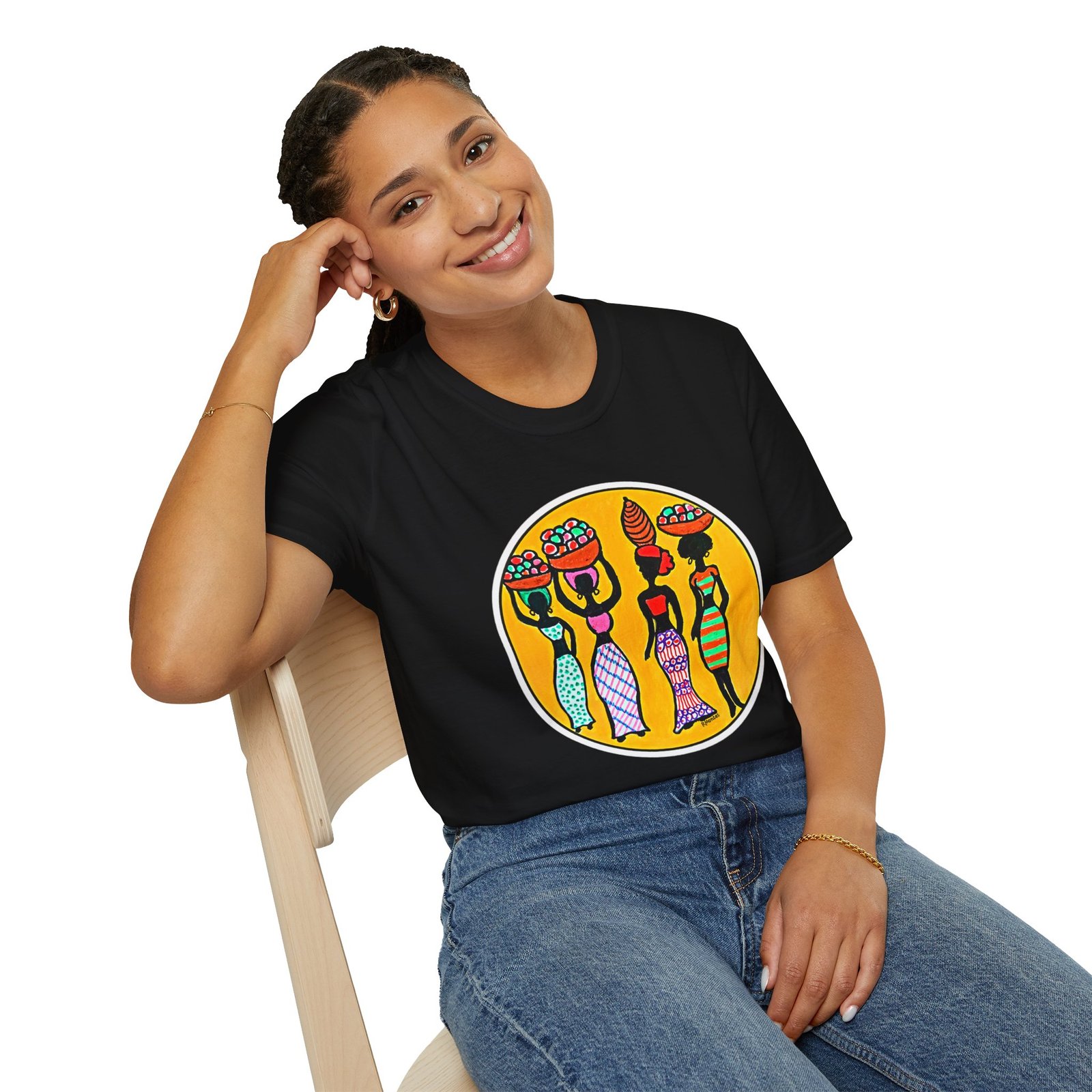 Vibrant Caribbean Folk Art Graphic T-Shirt, Les Demoiselles - Image 2