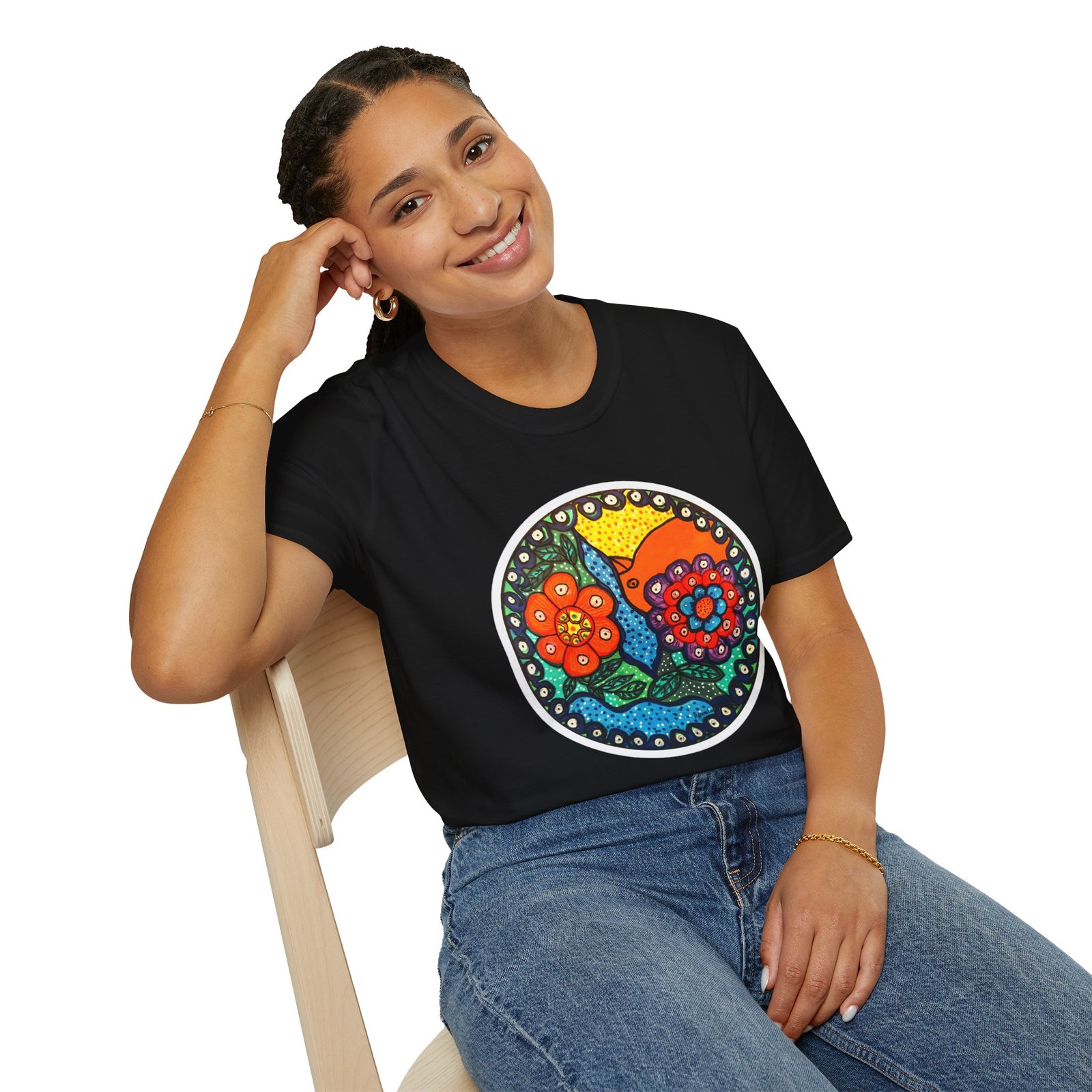 Colorful Floral Graphic T-Shirt, Caribbean Folk Art Style Tee