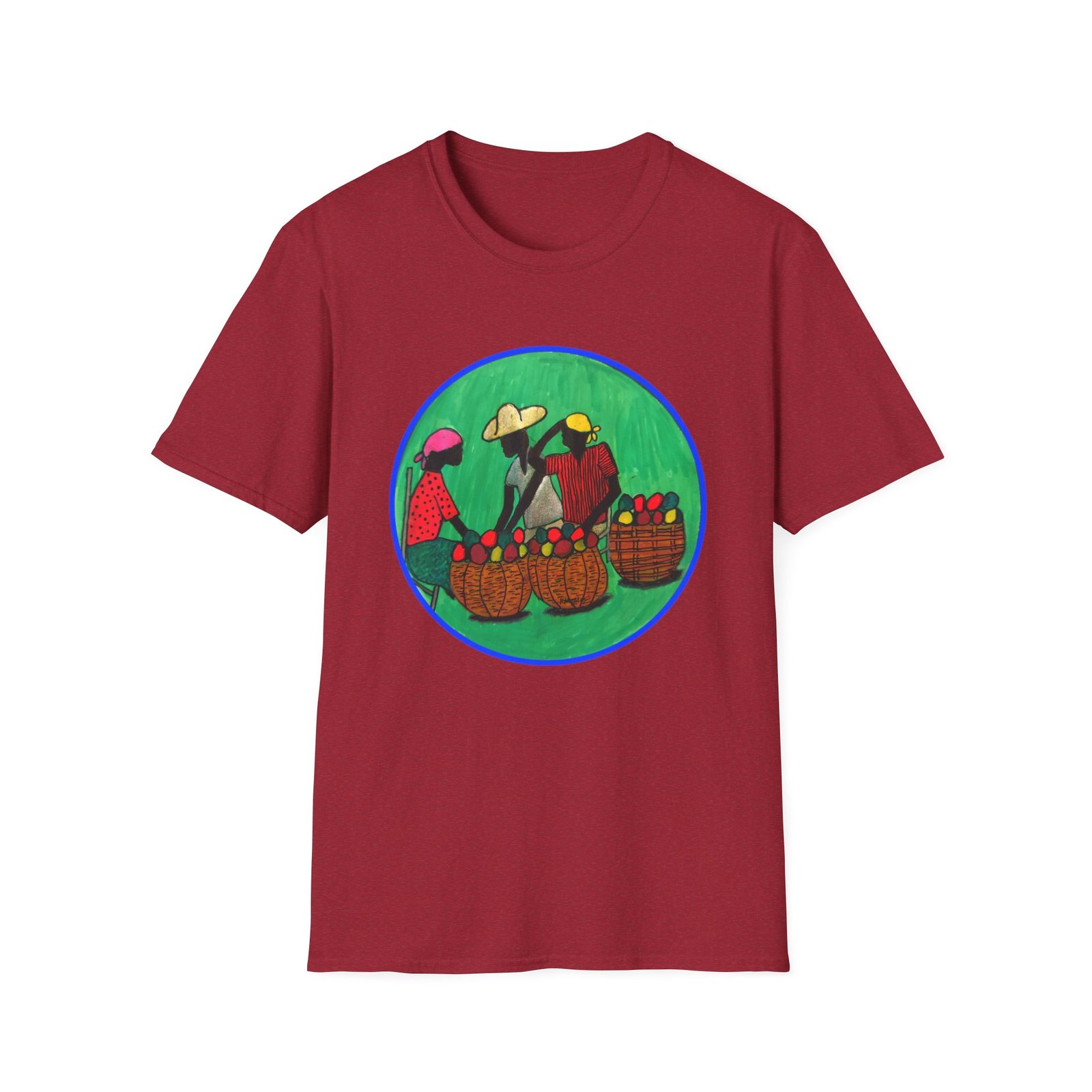 Colorful Caribbean Folk Art Market Scene T-Shirt- The Fruit Baskets - Image 10