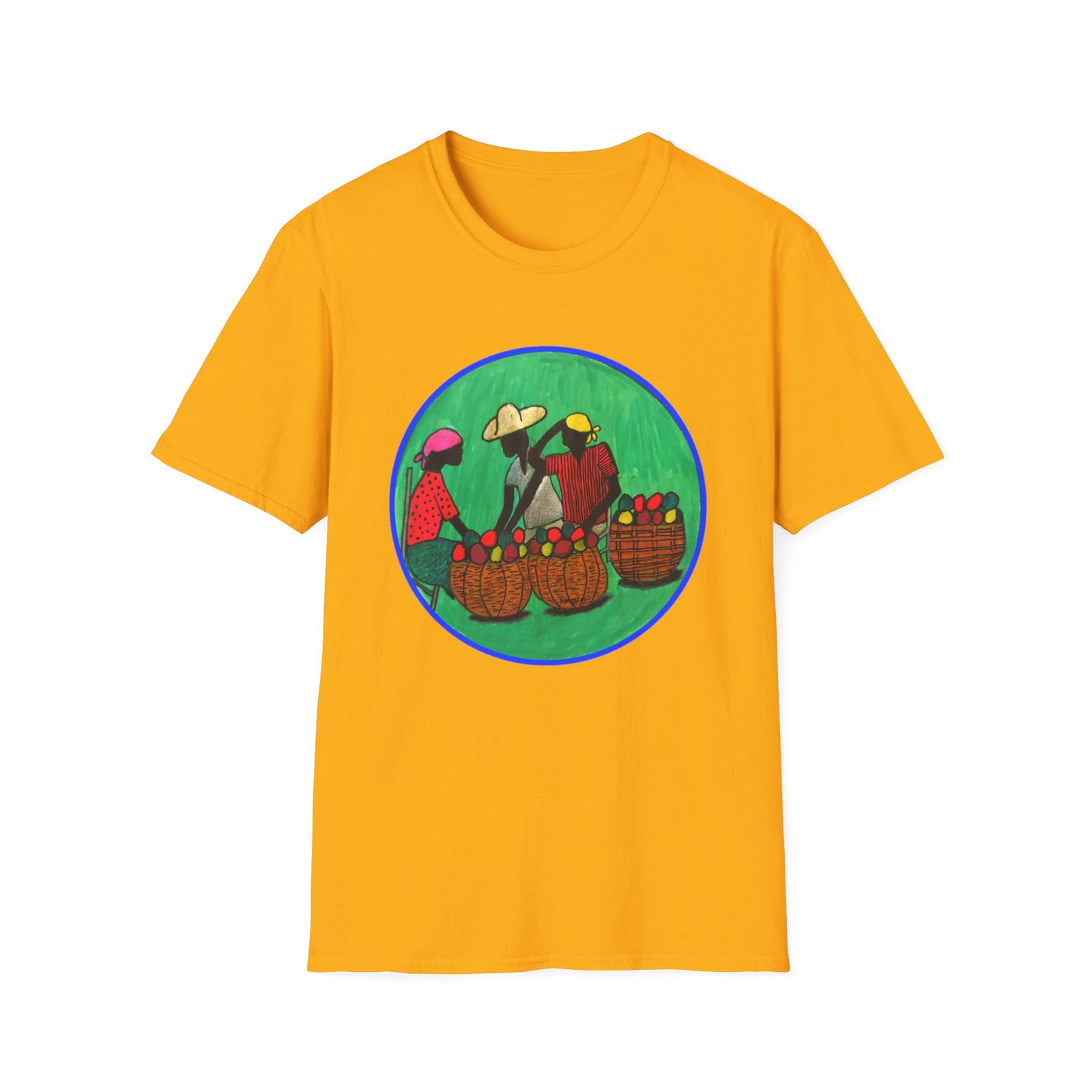 Colorful Caribbean Folk Art Market Scene T-Shirt- The Fruit Baskets - Image 9